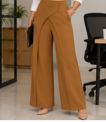 Brown wrap-panel wide-leg trousers styled with a white shirt for office wear