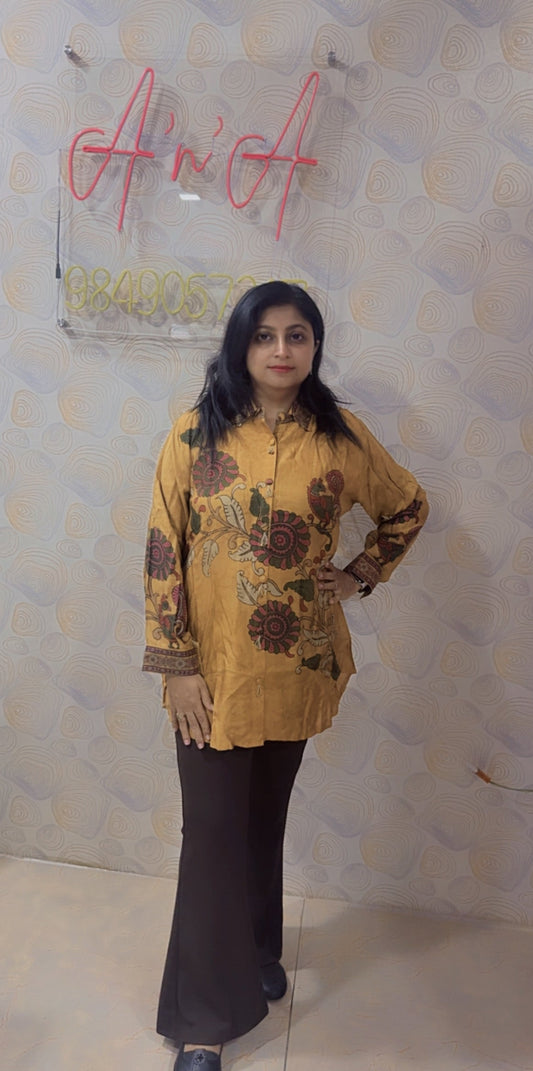 Kalamkari Mul Silk Shirt (Mustard)
