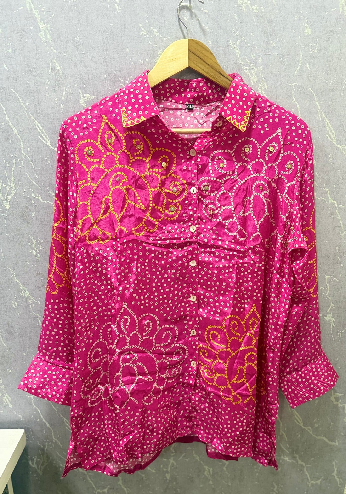 Bandhani Crepe Silk Shirt (Hot Pink)