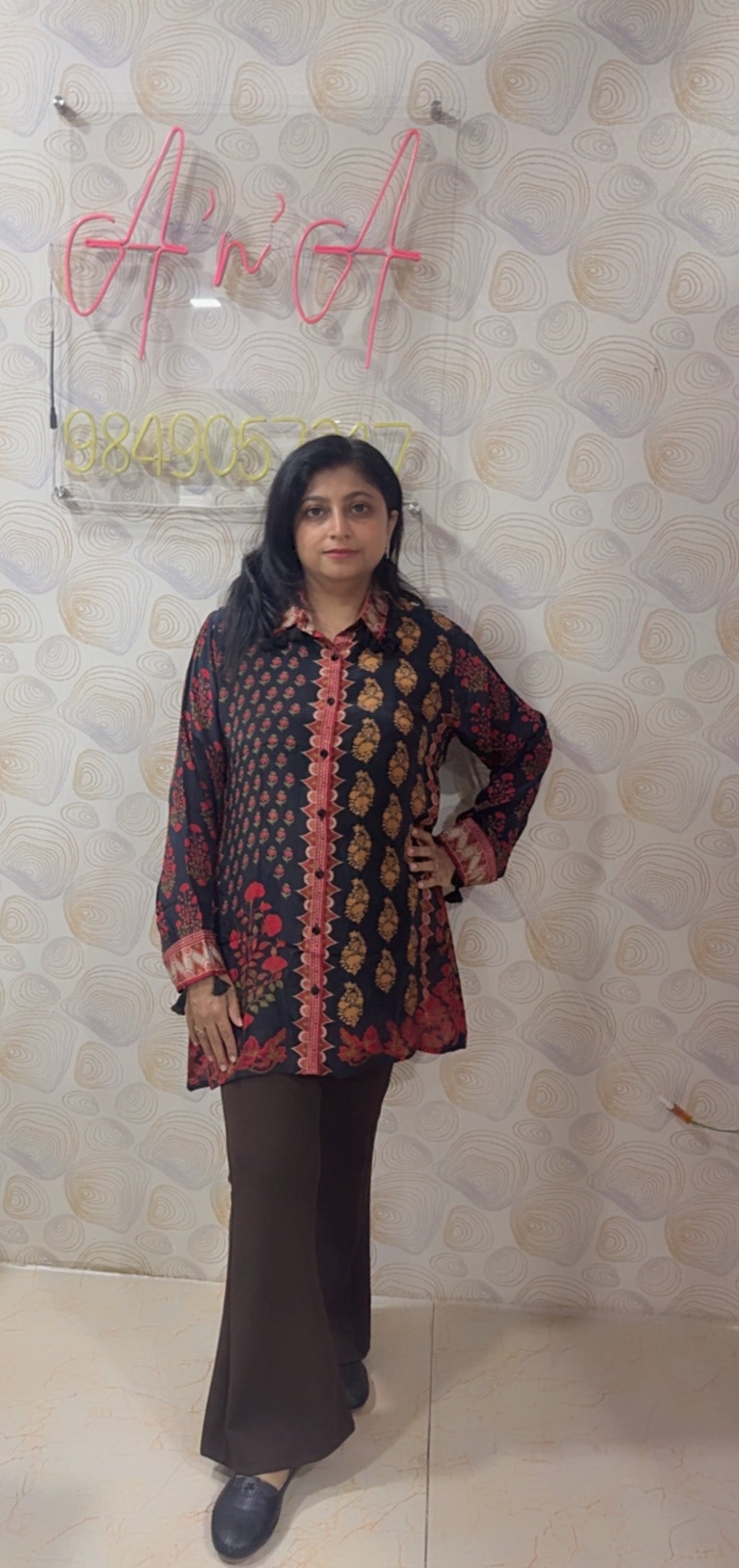 Ajrak Crepe Silk Shirt (Black & Red)
