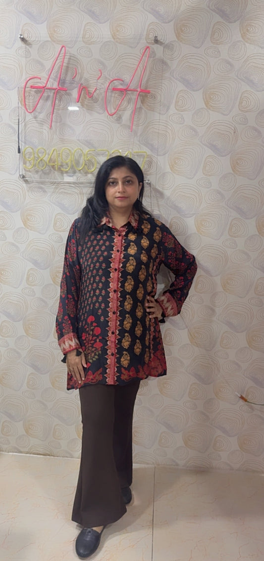 Ajrak Crepe Silk Shirt (Black & Red)