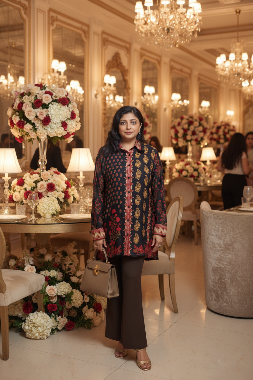 Ajrak Crepe Silk Shirt (Black & Red)