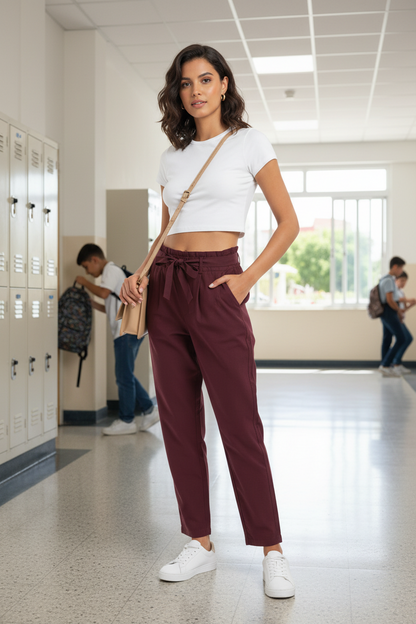 Wine Cotton Lycra Pants