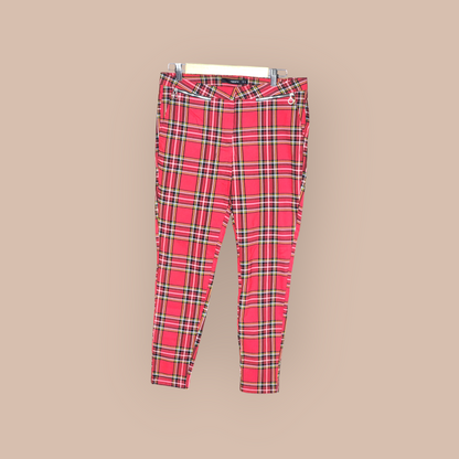 Red checked trousers for women with zip and pockets