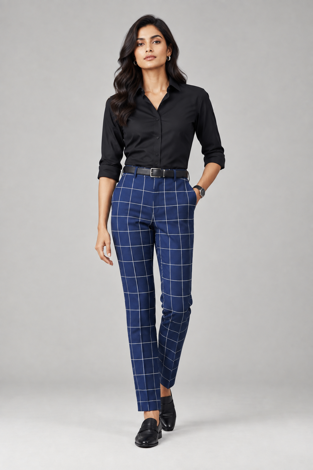 Navy blue big checks pants for women by A 'n' A