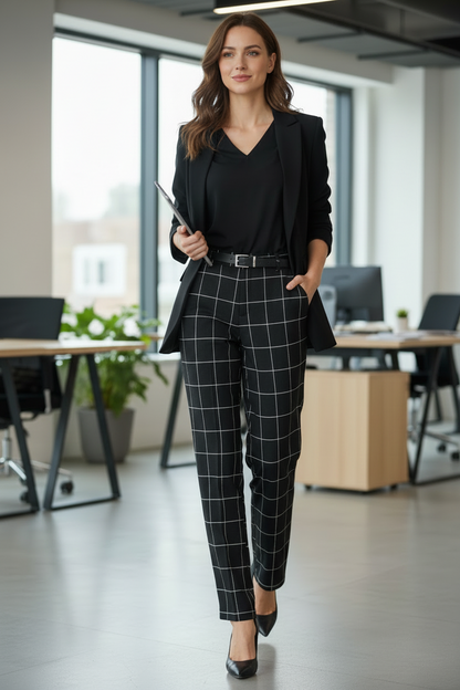 A 'n' A black checks stretch cotton pants, alternate view