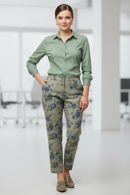 Mehendi green floral narrow-fit pants for women by A 'n' A