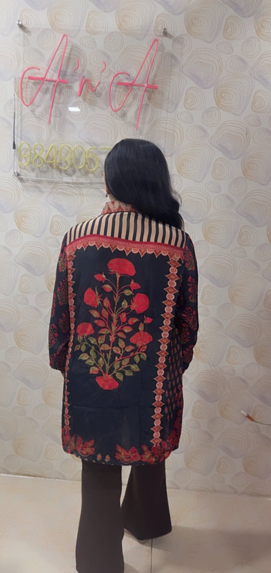 Ajrak Crepe Silk Shirt (Black & Red)