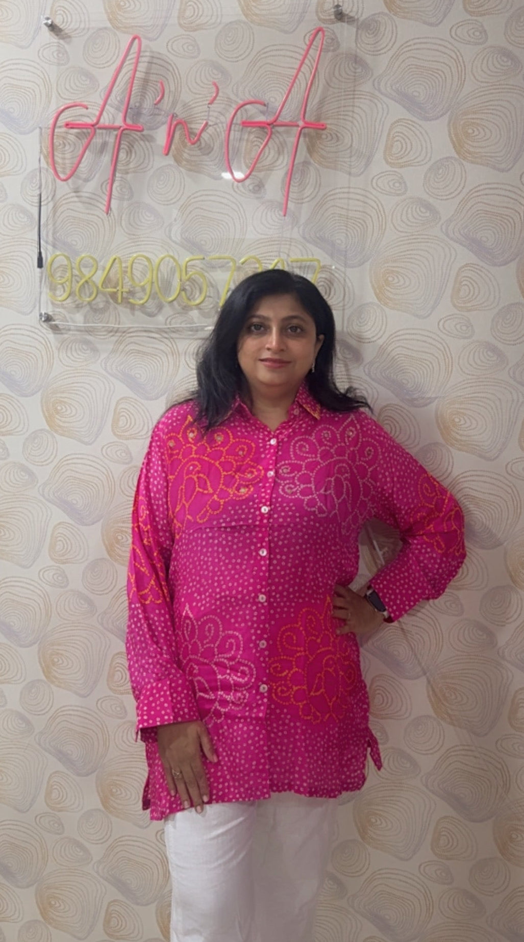 Bandhani Crepe Silk Shirt (Hot Pink)