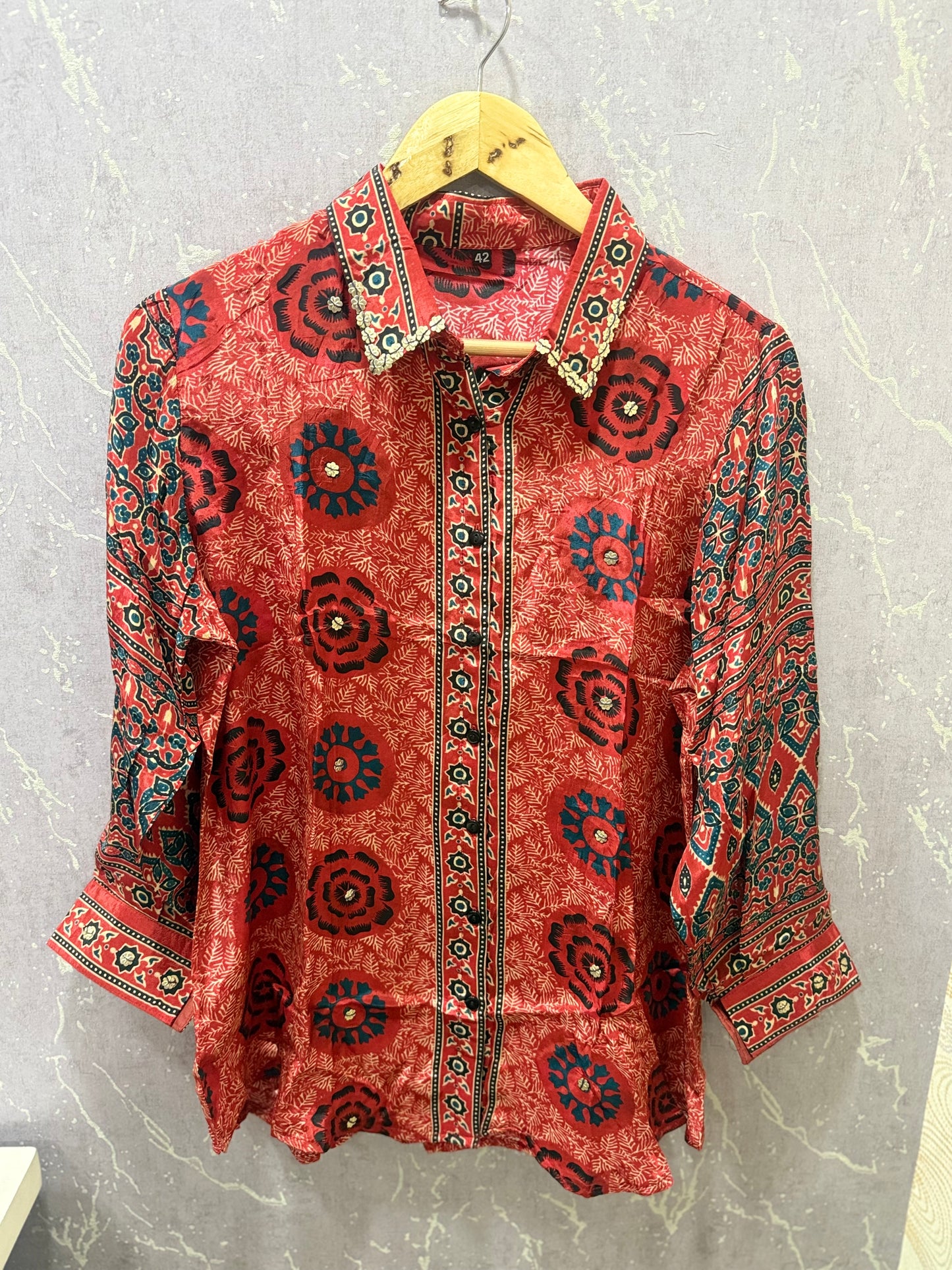 Ajrak Crepe Silk Shirt (Orange)