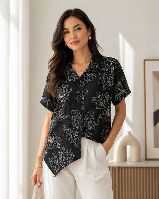 Black Floral Asymmetric Shirt