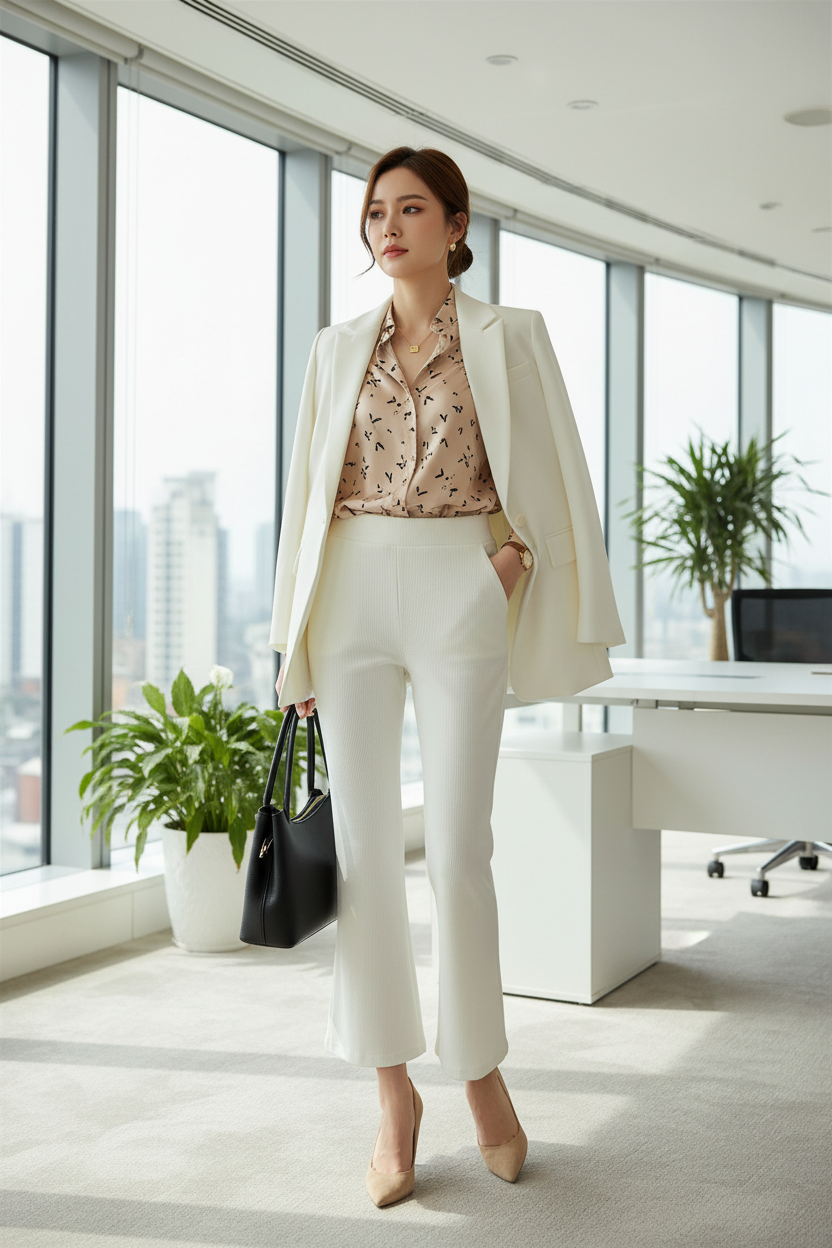 Luxe-Ribbed White Flare Pants