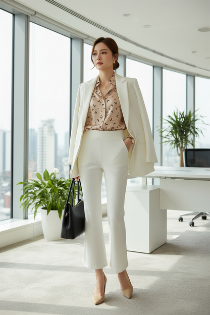 Model wearing white ribbed flare pants by A 'n' A