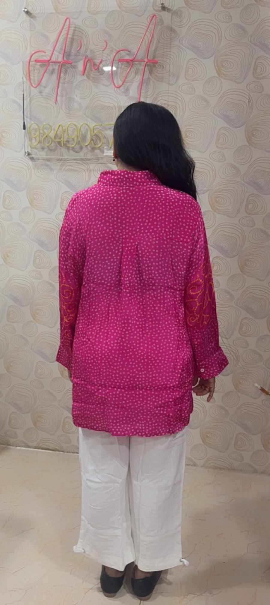 Bandhani Crepe Silk Shirt (Hot Pink)