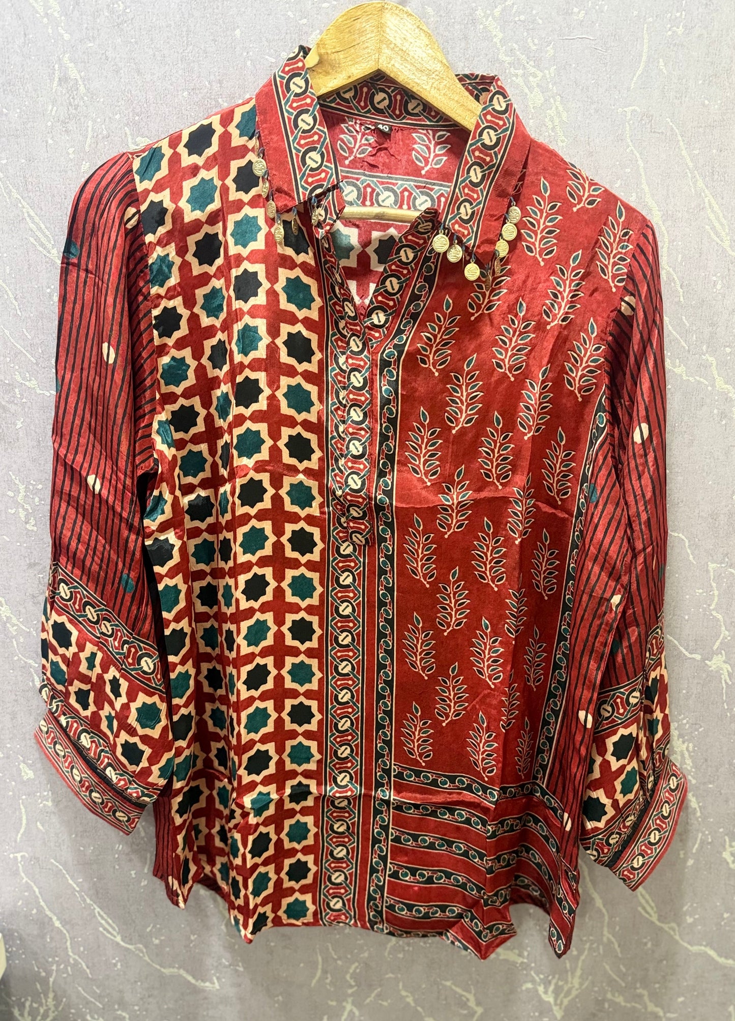 Ajrak Crepe Silk Shirt (Red)