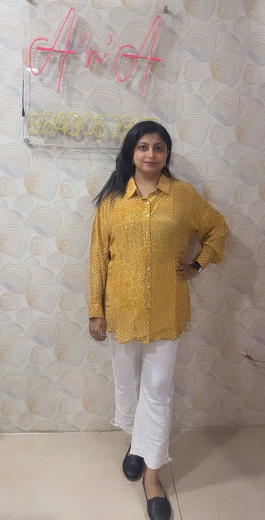 Bandhani Crepe Silk Shirt (Yellow)