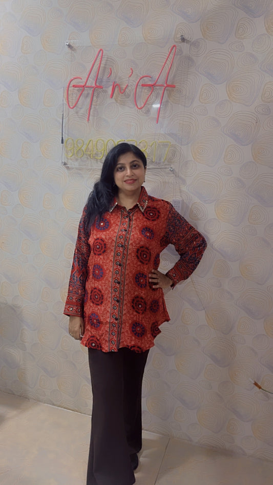 Ajrak Crepe Silk Shirt (Orange)
