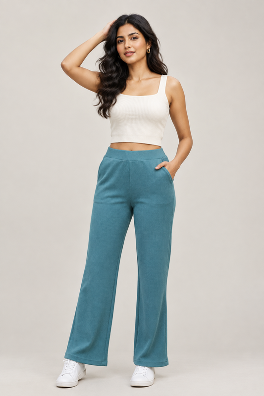 Luxe-Ribbed Turquoise Blue Flare Pants