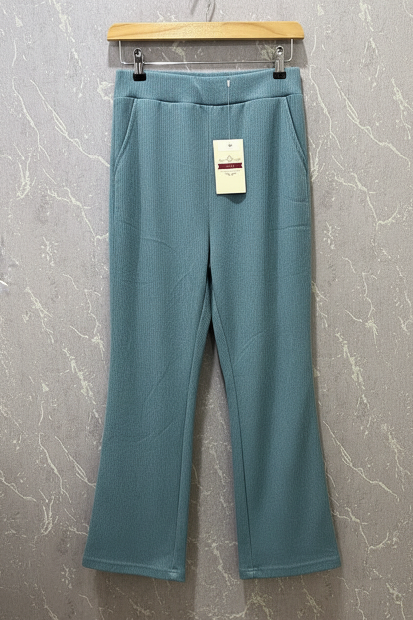 Luxe-Ribbed Turquoise Blue Flare Pants