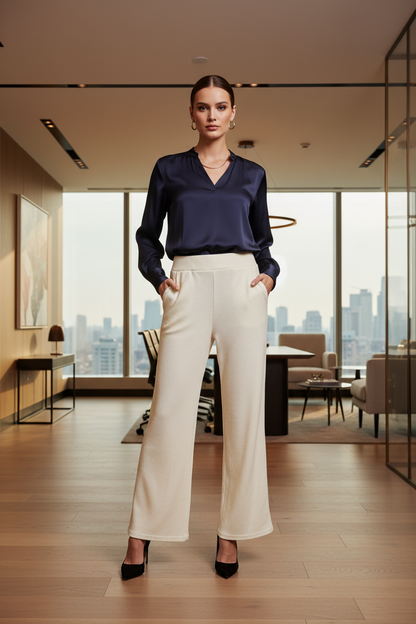 Model wearing off-white ribbed flare pants by A 'n' A