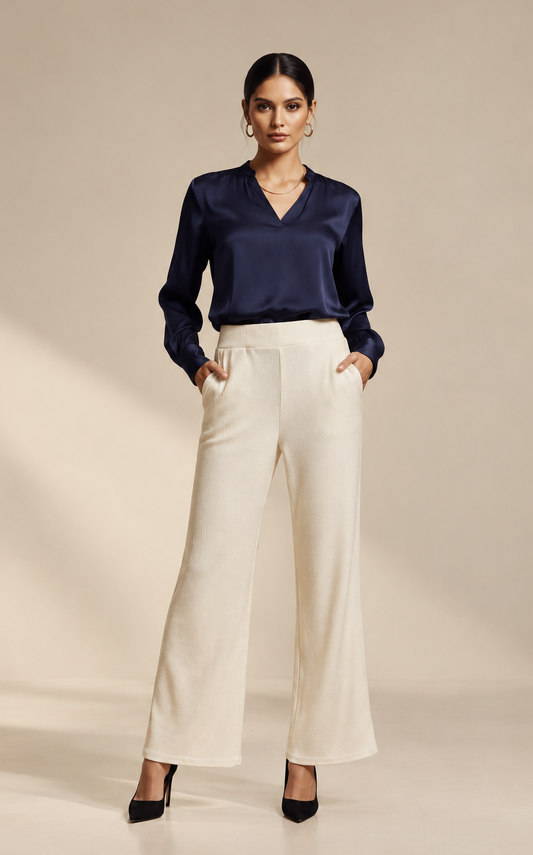 Luxe-Ribbed Off-White Flare Pants