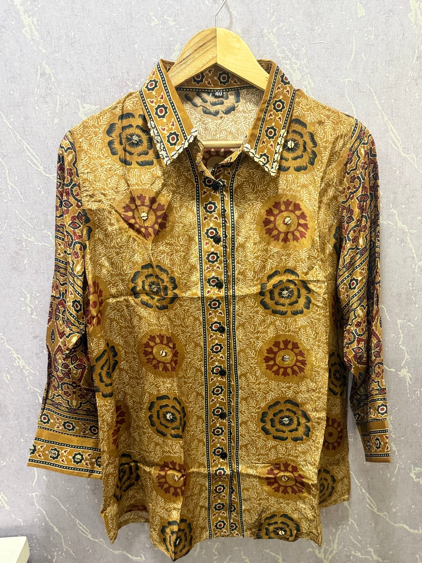 Ajrak Crepe Silk Shirt (Mustard)