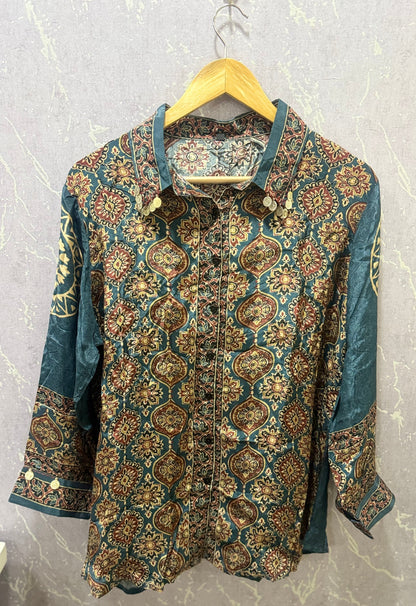 Ajrak Crepe Silk Shirt (Blue)