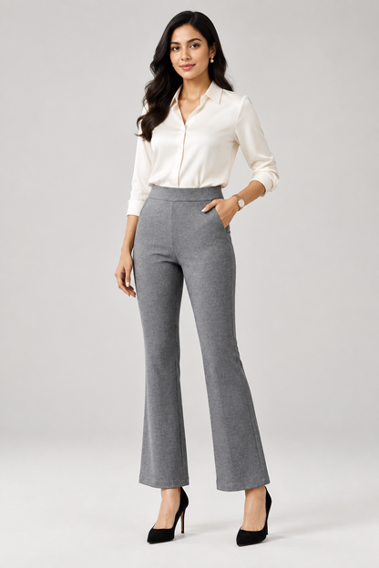 Luxe-Ribbed Grey Flare Pants