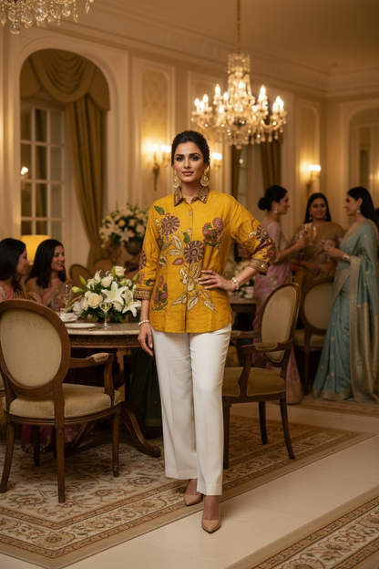 Kalamkari Mul Silk Shirt (Mustard)