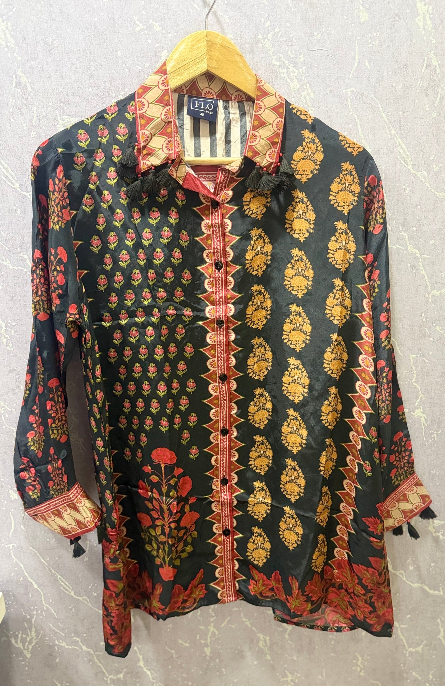 Ajrak Crepe Silk Shirt (Black & Red)
