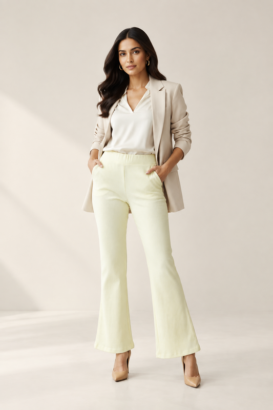 Luxe-Ribbed Ivory Flare Pants