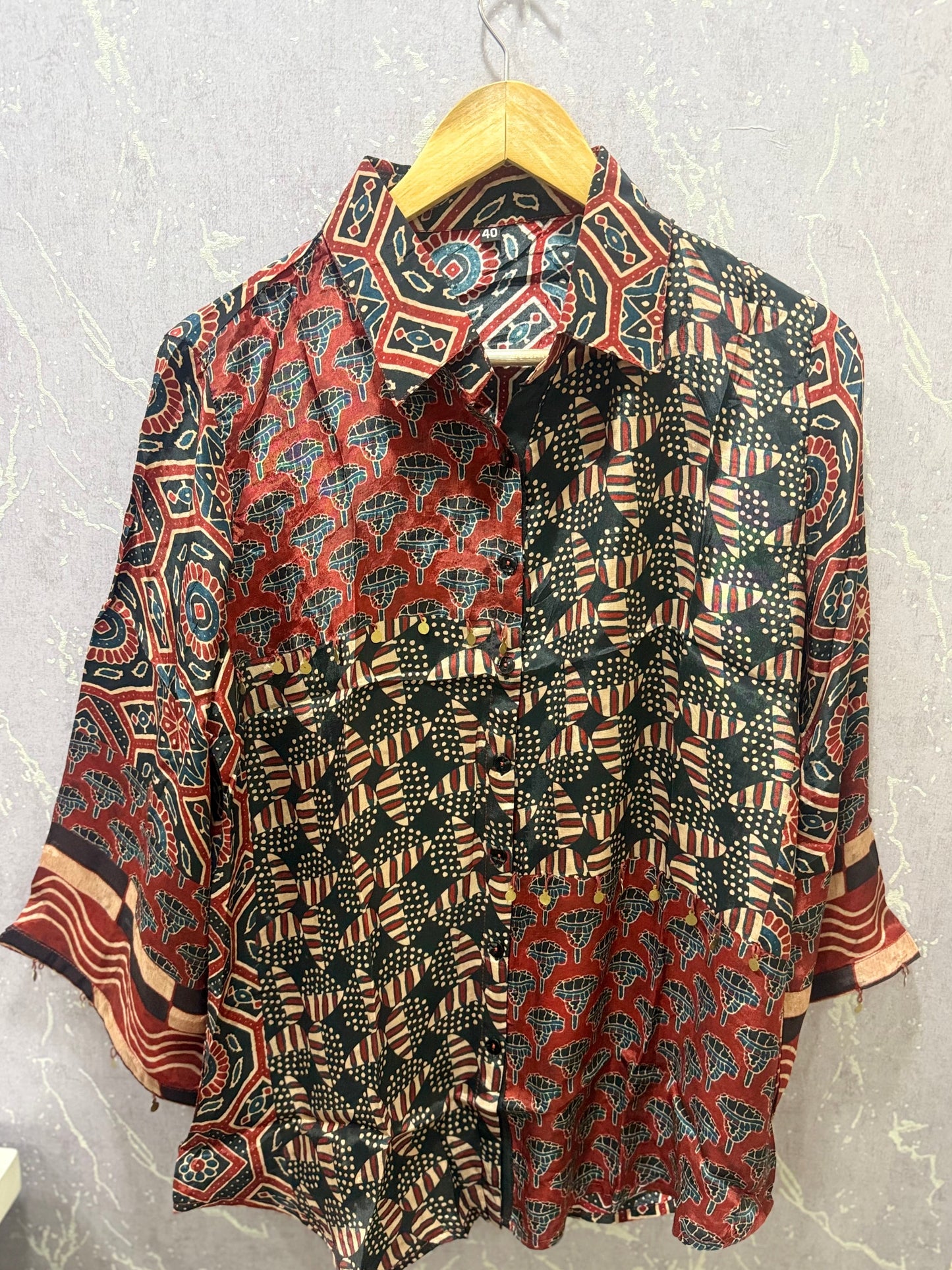 Ajrak Crepe Silk Shirt (Brown & Red)
