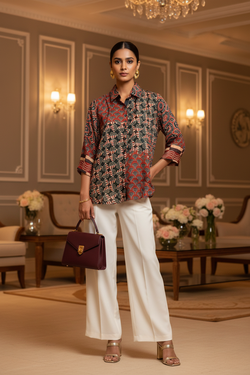 Ajrak Crepe Silk Shirt (Brown & Red)