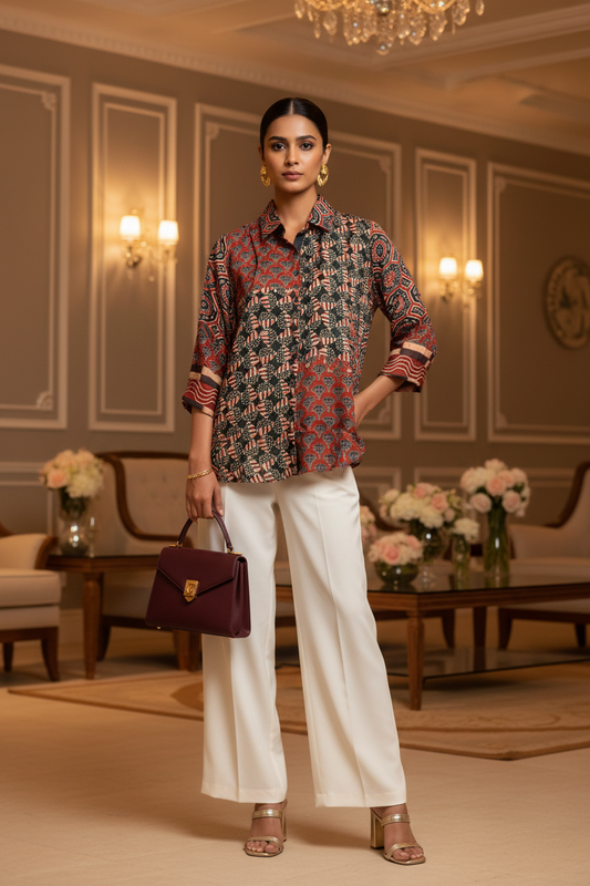 Ajrak Crepe Silk Shirt (Brown & Red)