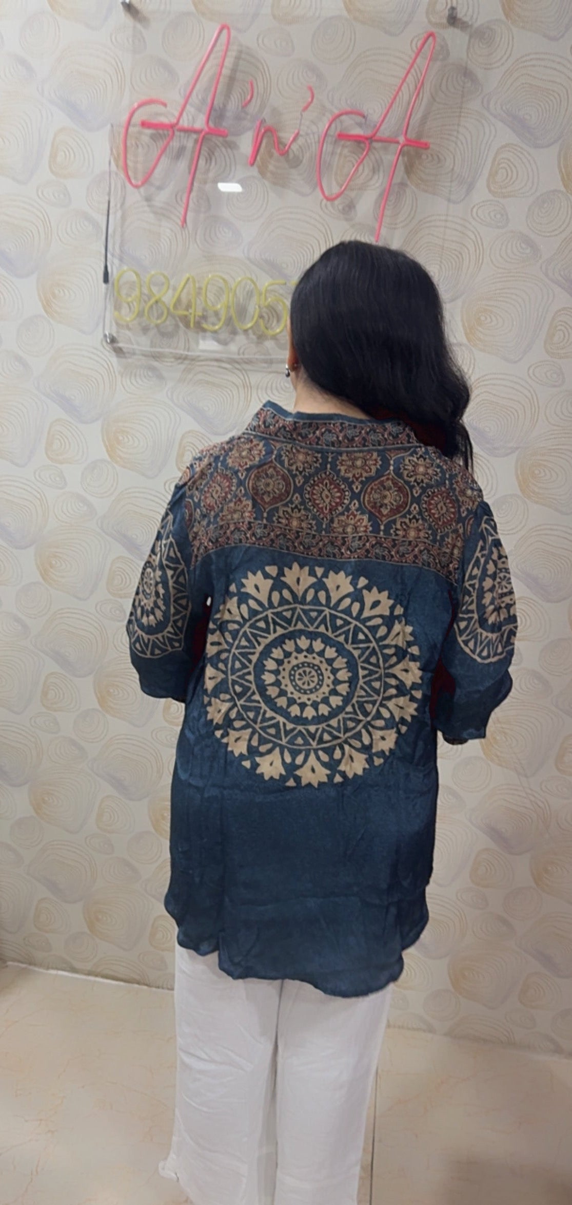 Ajrak Crepe Silk Shirt (Blue)