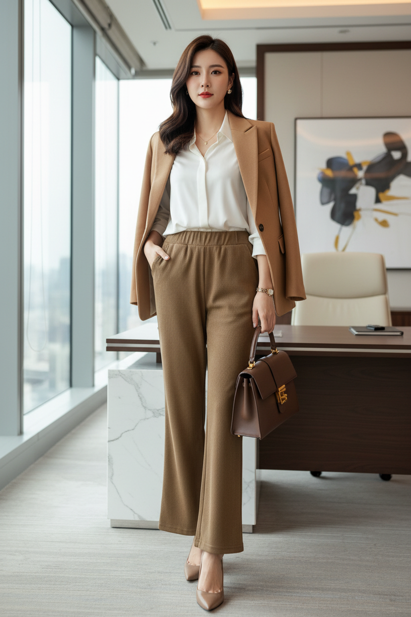 Model wearing brown ribbed flare pants by A 'n' A