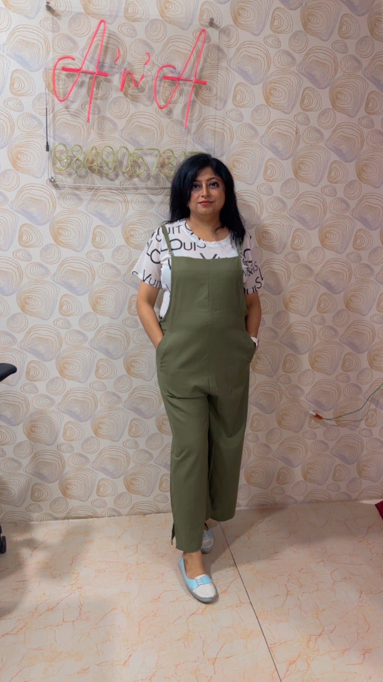 Green linen dangri dress