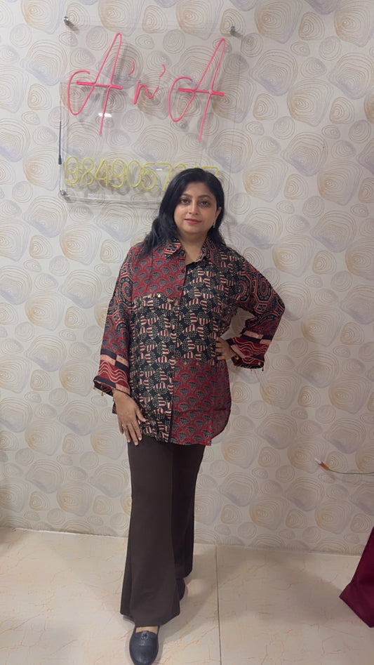 Ajrak Crepe Silk Shirt (Brown & Red)
