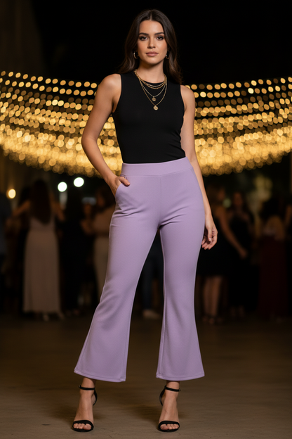 Model wearing lavender ribbed flare pants by A 'n' A