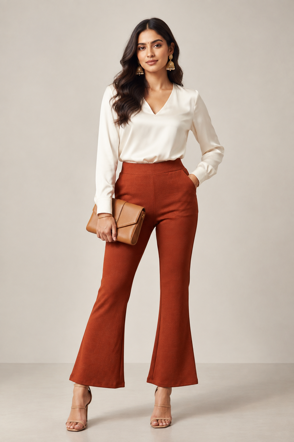 Luxe-Ribbed Rust Flare Pants