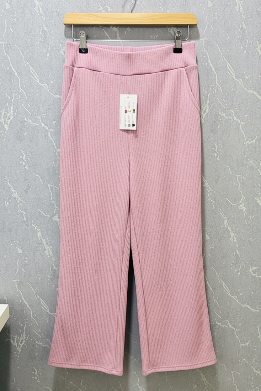 Luxe-Ribbed Rose Pink Flare Pants