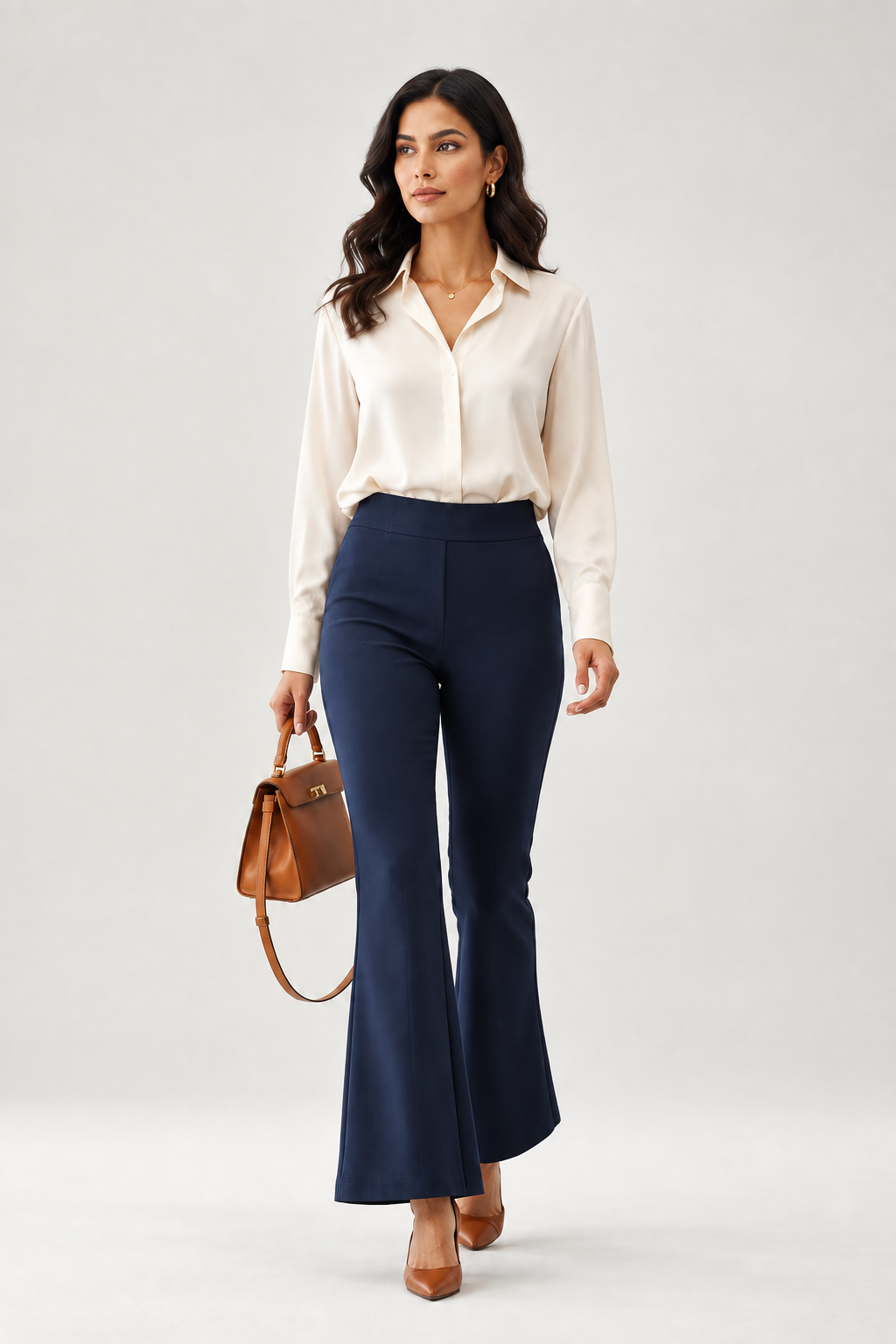 Luxe-Ribbed Navy Blue Flare Pants