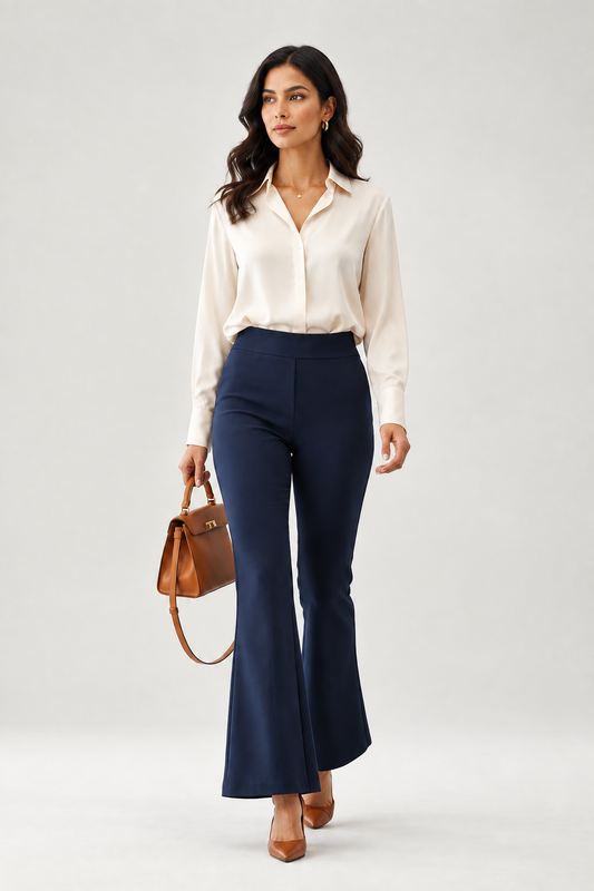 Luxe-Ribbed Navy Blue Flare Pants