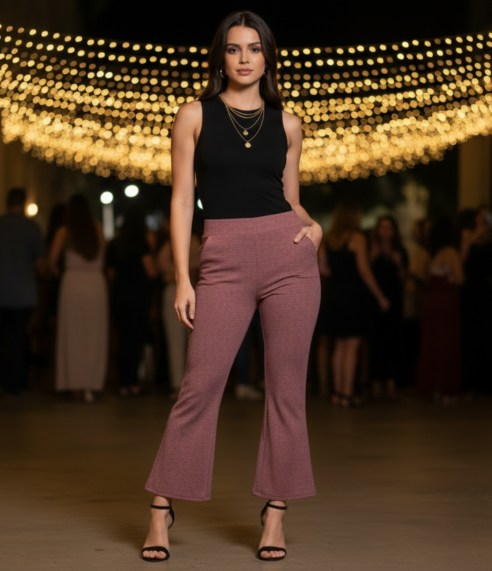 Model wearing light wine ribbed flare pants by A 'n' A