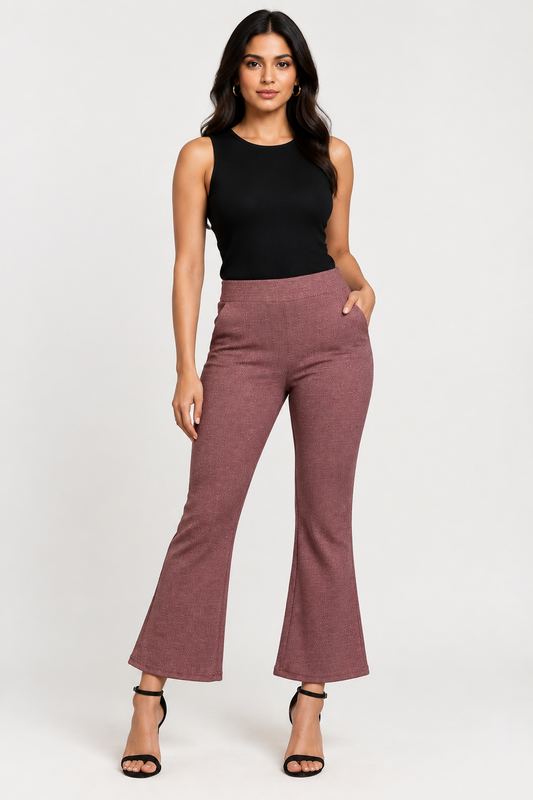 Luxe-Ribbed Light Wine Flare Pants