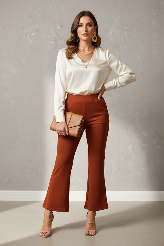 Luxe-Ribbed Rust Flare Pants