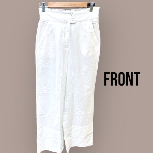 White Cotton-Linen Blend Pants with Pearl Buttons