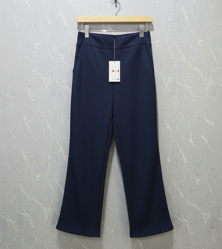 Luxe-Ribbed Navy Blue Flare Pants