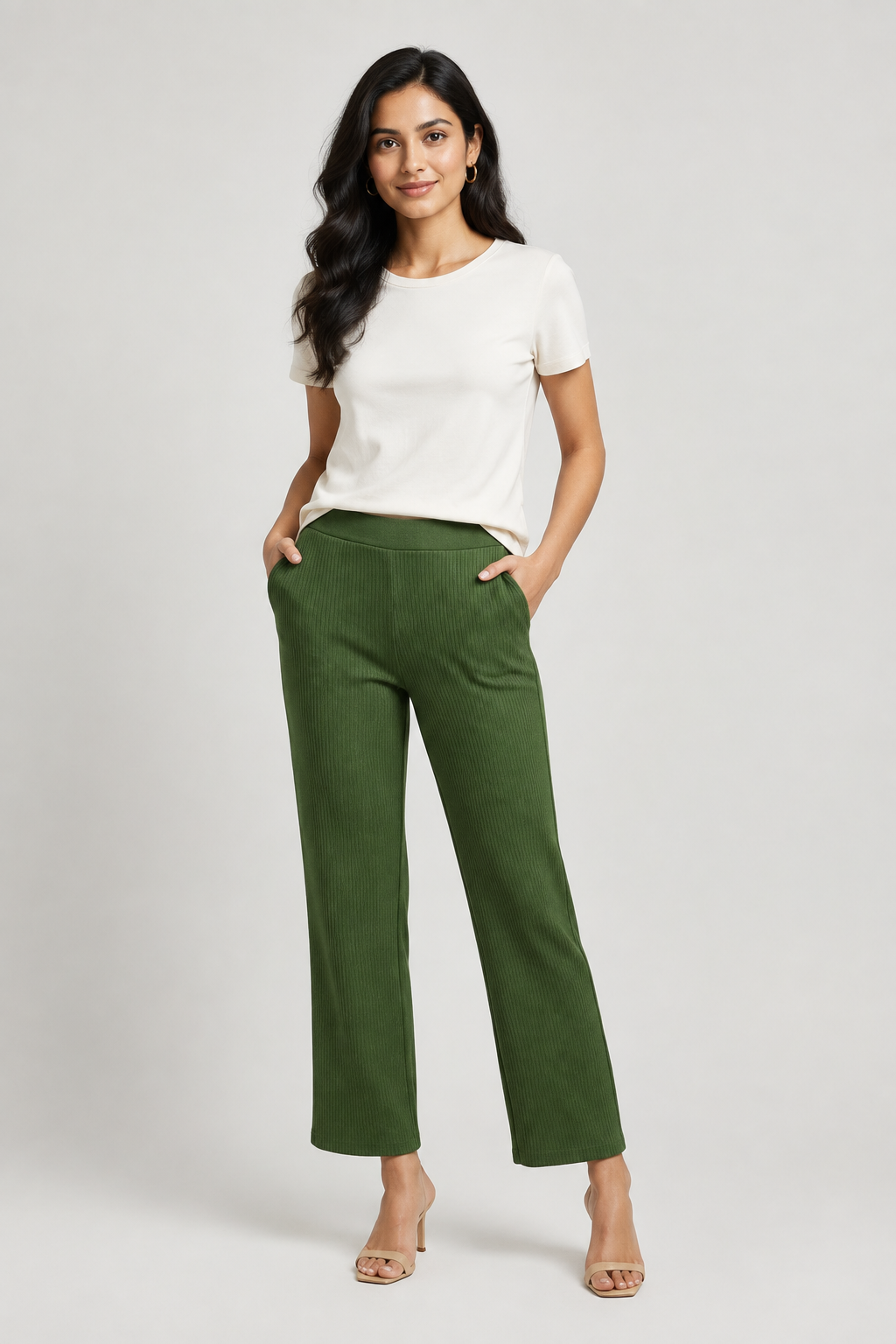 A 'n' A olive green ribbed knit flare pants for women, pull-on style