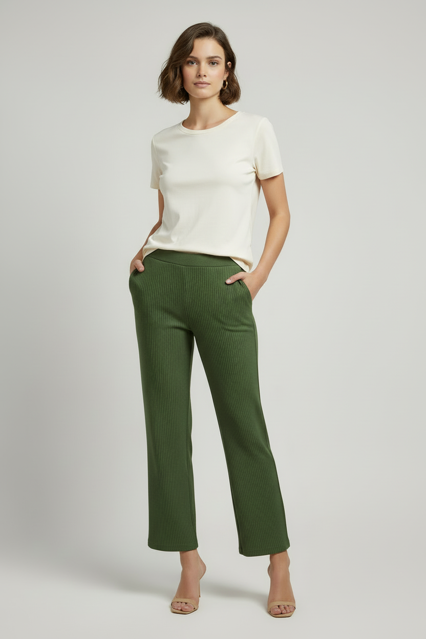 Model wearing olive green ribbed flare pants by A 'n' A